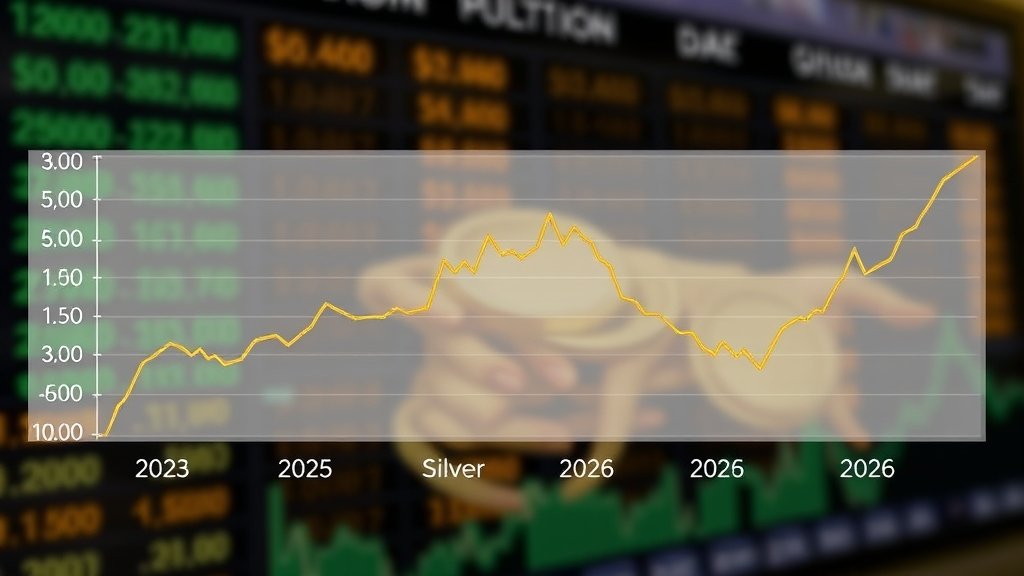 A graph showing the price trends of gold and silver in 2025 and 2026, with a background image of a bullion market or a financial news screen.