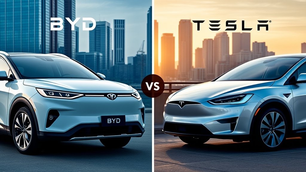 A comparison image of BYD and Tesla electric vehicles side by side, with a cityscape in the background, highlighting the growth of electric vehicles in urban areas.