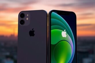 A high-quality image of the iPhone 17e and iPhone 18 side by side, with a subtle background of Apple's logo and a cityscape at sunset.