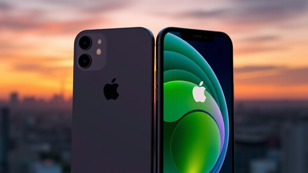 A high-quality image of the iPhone 17e and iPhone 18 side by side, with a subtle background of Apple's logo and a cityscape at sunset.