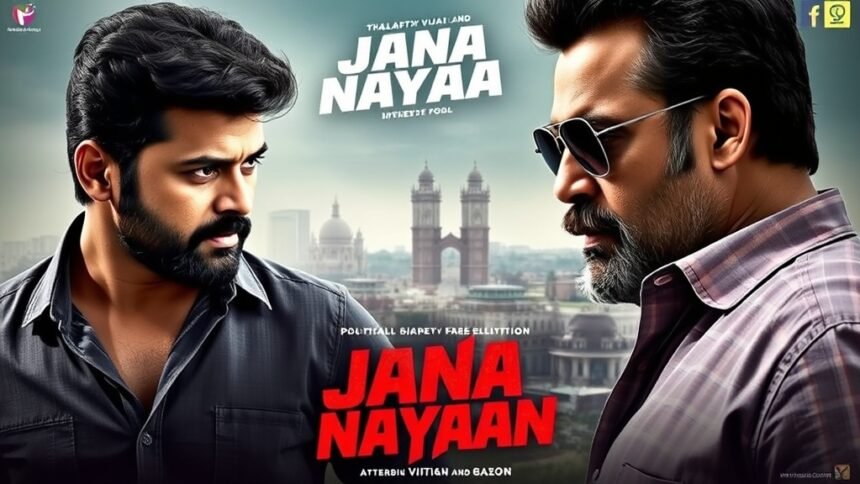 A poster of the movie Jana Nayagan with Thalapathy Vijay and Bobby Deol in the lead roles, with a cityscape in the background and a hint of political tension in the air.