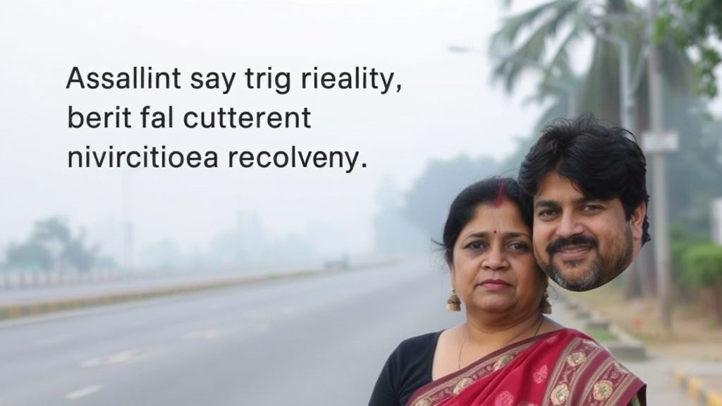 A photo of Ashish Vidyarthi and his wife Rupali Barua with a subtle background image of a road in Guwahati, conveying a sense of concern and recovery.