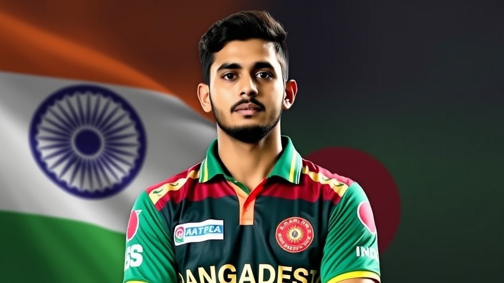 A photo of Mustafizur Rahman in his Kolkata Knight Riders jersey, with a subtle background of the Indian and Bangladeshi flags, symbolizing the diplomatic tensions between the two countries.