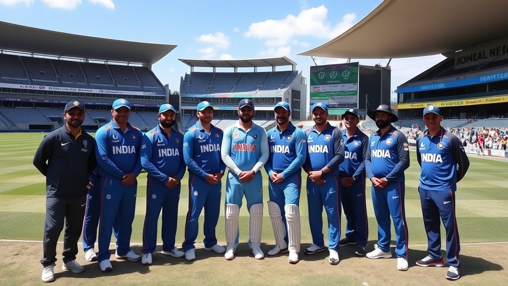 A photo of the Indian cricket team standing together with the New Zealand team in the background, with a cricket stadium and a sunny day.
