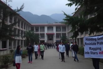 A somber image of a college campus in Himachal Pradesh with a subtle hint of protest or awareness campaign against ragging and sexual harassment in the background.