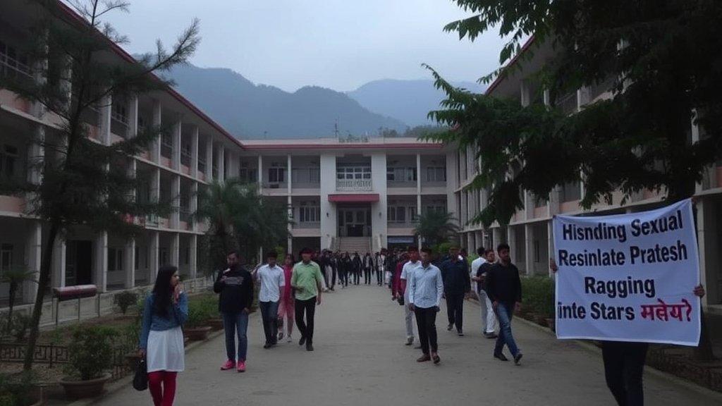 A somber image of a college campus in Himachal Pradesh with a subtle hint of protest or awareness campaign against ragging and sexual harassment in the background.