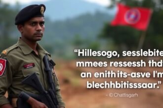 A photograph of a security personnel in uniform, standing in a rural area with a blurred background of trees and hills, with a subtle hint of a Maoist flag or symbol in the distance, conveying the essence of the conflict between security forces and Maoist rebels in Chhattisgarh.