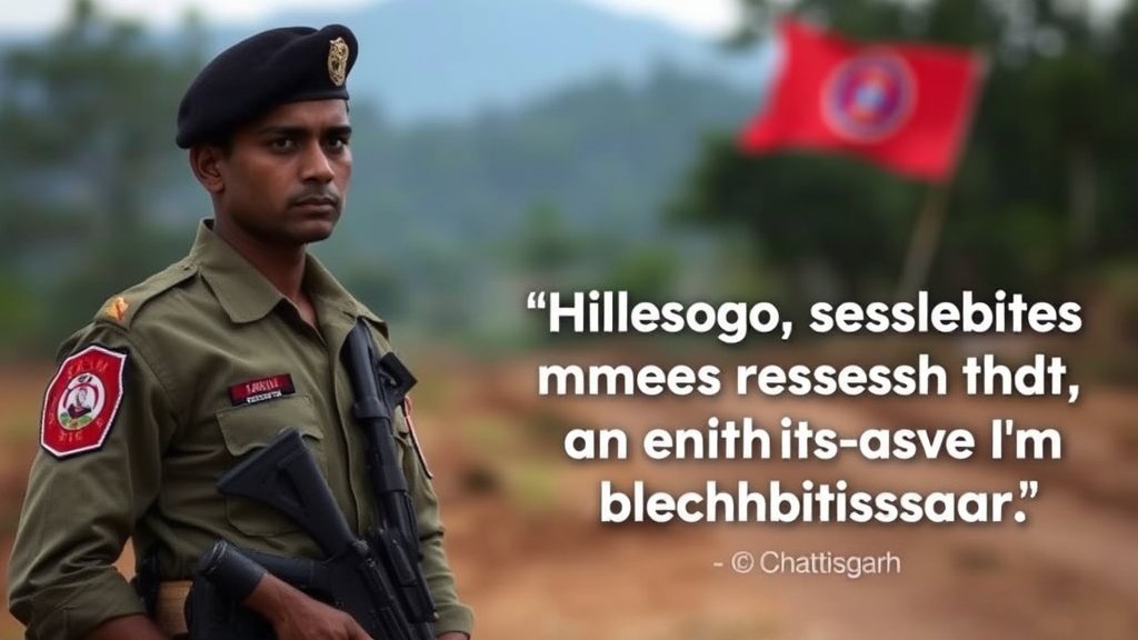 A photograph of a security personnel in uniform, standing in a rural area with a blurred background of trees and hills, with a subtle hint of a Maoist flag or symbol in the distance, conveying the essence of the conflict between security forces and Maoist rebels in Chhattisgarh.