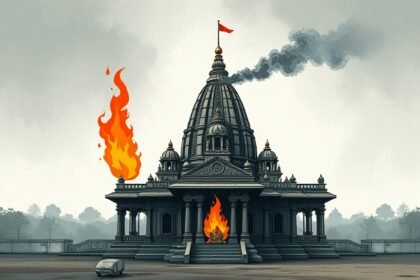A somber illustration of a Hindu temple in Bangladesh with a burning flame in the background, symbolizing the violence and persecution faced by the Hindu minority in the country.