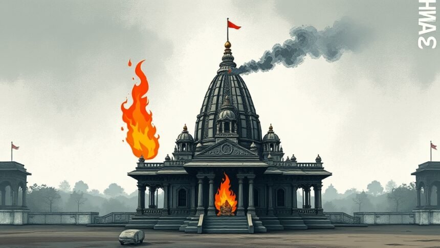 A somber illustration of a Hindu temple in Bangladesh with a burning flame in the background, symbolizing the violence and persecution faced by the Hindu minority in the country.