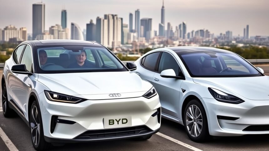 An image of a BYD electric vehicle next to a Tesla electric vehicle, with a cityscape in the background, highlighting the growth of the electric vehicle market.
