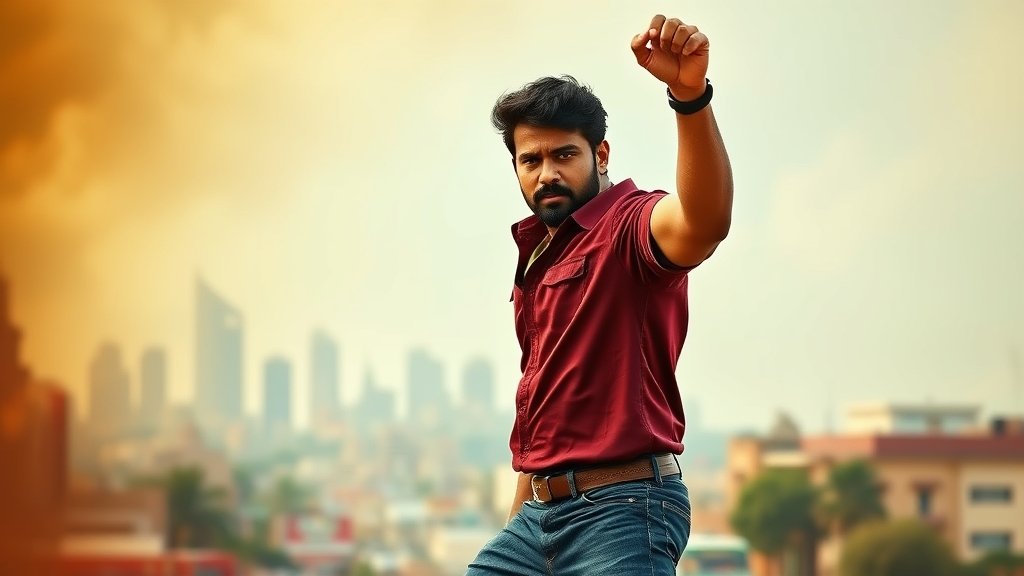 A photo of Thalapathy Vijay in a powerful pose from the movie Jana Nayagan, with a cityscape in the background and a hint of political uprising.