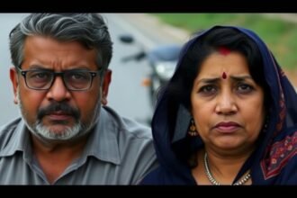 A photo of Ashish Vidyarthi and Rupali Barua, with a subtle background image of a road or a bike, conveying a sense of concern and care.