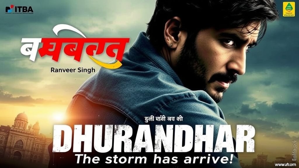 A poster of the movie Dhurandhar with Ranveer Singh in the lead role, with a cityscape or a dramatic background, and a tagline that reads "The storm has arrived" in Hindi.
