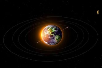 An illustration of the Earth's orbit around the Sun, highlighting the perihelion point, with a subtle background of stars and planets.