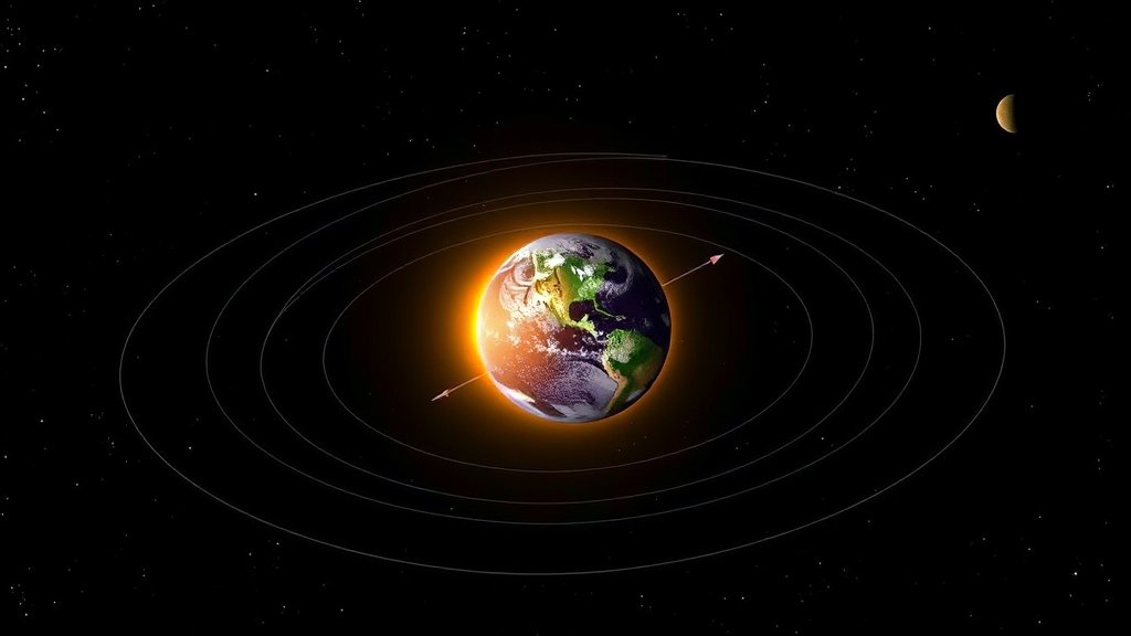 An illustration of the Earth's orbit around the Sun, highlighting the perihelion point, with a subtle background of stars and planets.