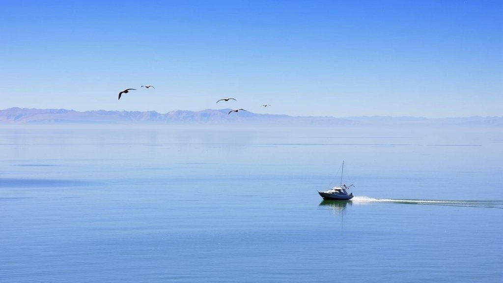 A serene landscape of the Great Salt Lake with a few birds flying in the distance, and a small boat in the foreground, symbolizing the intersection of nature and human exploration.