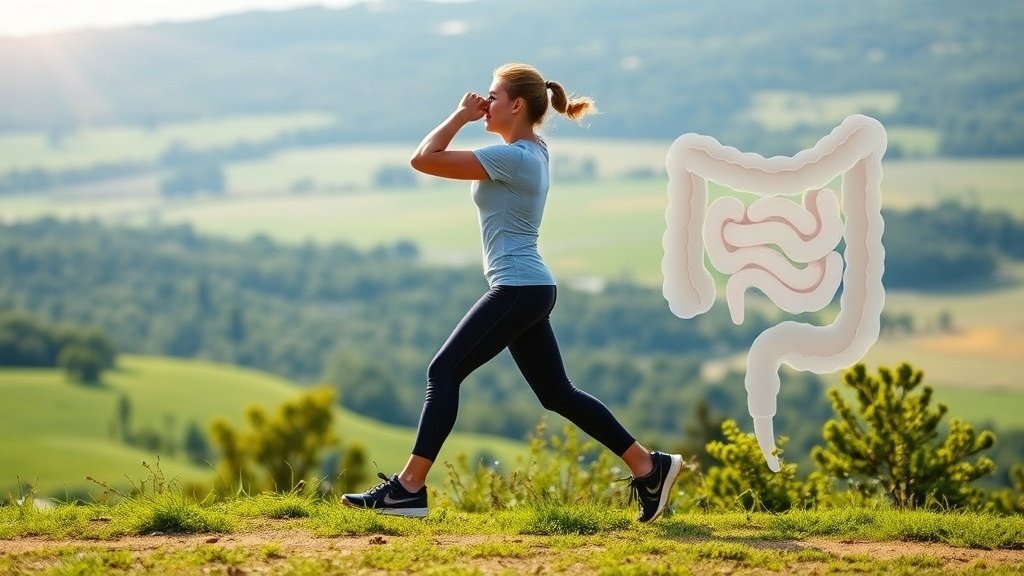 A person exercising outdoors with a green landscape and a subtle image of a colon or intestines in the background, symbolizing the connection between exercise and colon health.