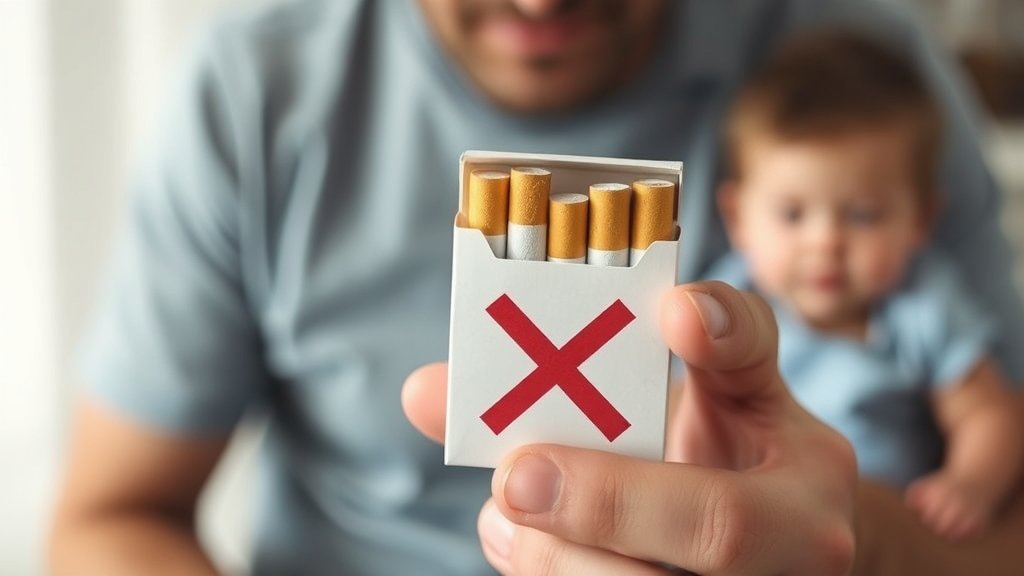 A photo of a man holding a pack of cigarettes with a red X marked through it, with a blurred background of a family or a child to represent the potential impact on loved ones.