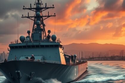 A dramatic image of a US warship with Nicolas Maduro on board, with a cityscape of Caracas in the background, symbolizing the complex geopolitical situation.