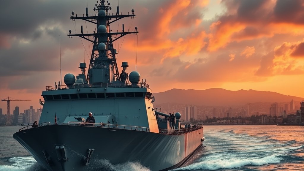 A dramatic image of a US warship with Nicolas Maduro on board, with a cityscape of Caracas in the background, symbolizing the complex geopolitical situation.