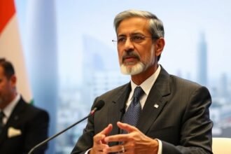 A photo of Indian External Affairs Minister S Jaishankar speaking at a conference, with a subtle background of the Indian flag and a cityscape, symbolizing India's growing global presence.