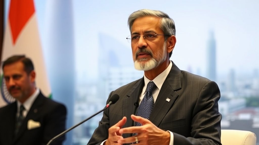 A photo of Indian External Affairs Minister S Jaishankar speaking at a conference, with a subtle background of the Indian flag and a cityscape, symbolizing India's growing global presence.