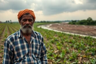 A photo of a farmer in India standing in a field with a mix of traditional and modern farming techniques, with a subtle background of a changing climate, such as a dried-up river or a cloudy sky.
