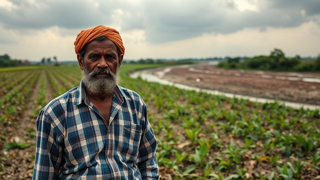 A photo of a farmer in India standing in a field with a mix of traditional and modern farming techniques, with a subtle background of a changing climate, such as a dried-up river or a cloudy sky.