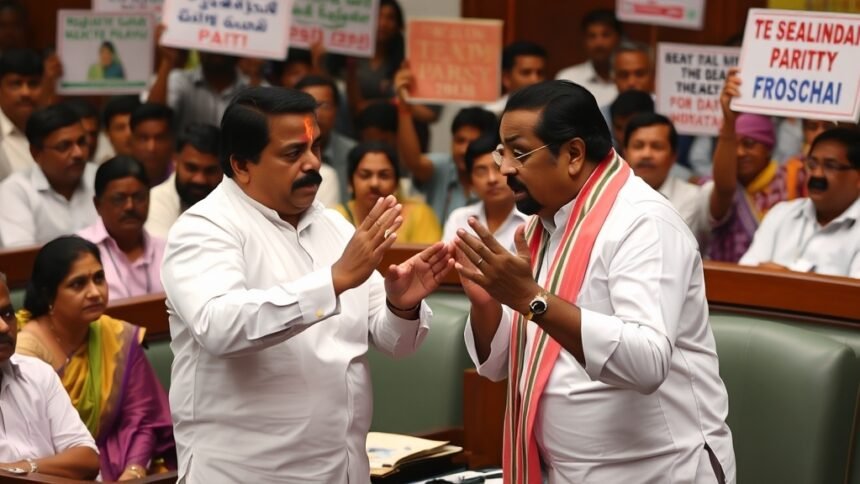 A photo of Kavitha and KCR in a heated argument during a Telangana assembly session, with a background of protesters holding signs and banners.