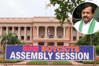 A photo of the Telangana Assembly building with a banner that reads "BRS Boycotts Assembly Session" in the foreground, with a subtle image of KCR in the background.