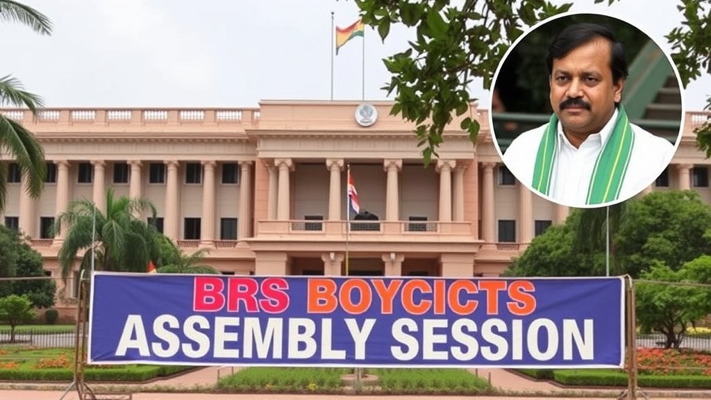 A photo of the Telangana Assembly building with a banner that reads "BRS Boycotts Assembly Session" in the foreground, with a subtle image of KCR in the background.