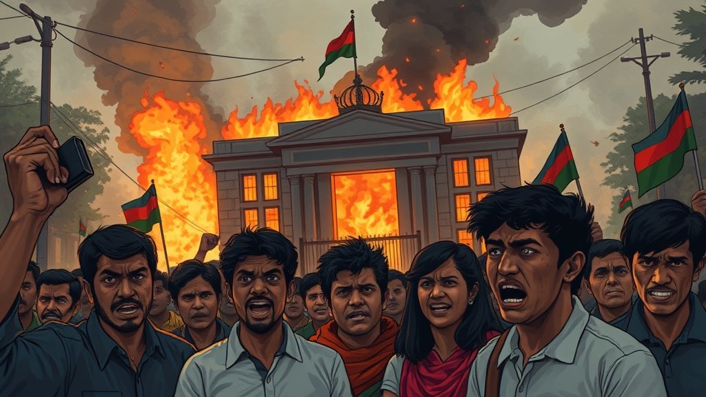 A dramatic illustration of a protest scene in Bangladesh with a burning police station in the background, and a group of people in the foreground with mixed emotions, including anger, fear, and sadness.