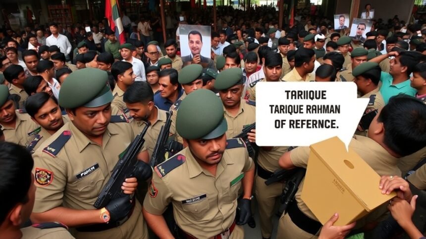 A photograph of Bangladesh police personnel managing a large crowd during a public event, with a subtle background image of Tarique Rahman and a referendum ballot box.