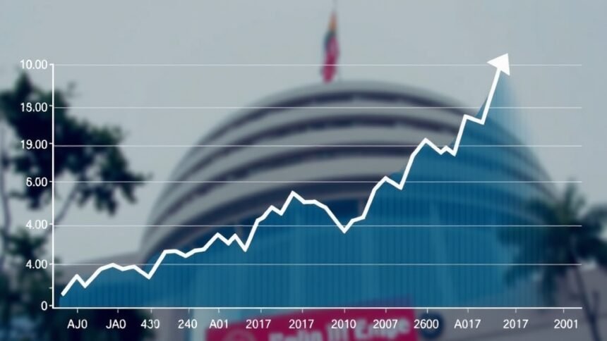 A graph showing the Nifty 50 index at a record high, with a subtle background image of the Indian stock exchange building