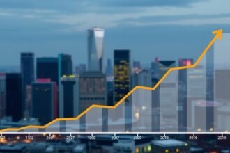 A graph showing the growth of stock prices over a period of time, with a cityscape in the background, symbolizing the connection between the stock market and the economy.