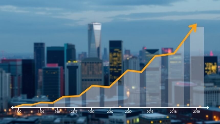 A graph showing the growth of stock prices over a period of time, with a cityscape in the background, symbolizing the connection between the stock market and the economy.
