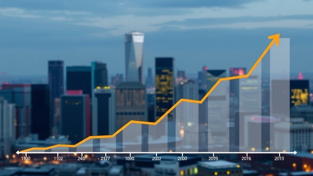 A graph showing the growth of stock prices over a period of time, with a cityscape in the background, symbolizing the connection between the stock market and the economy.