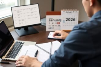 A person sitting at a desk with a laptop and a notebook, trying to solve a Wordle puzzle with a calendar in the background showing January 3, 2026.