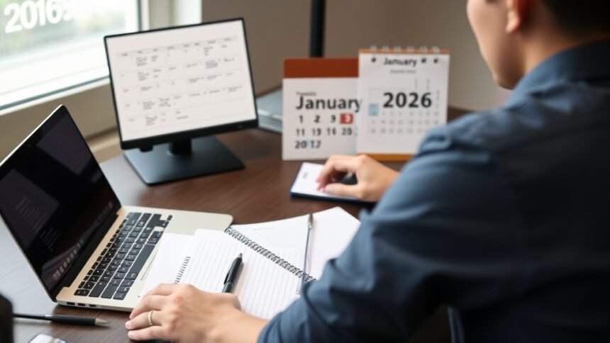 A person sitting at a desk with a laptop and a notebook, trying to solve a Wordle puzzle with a calendar in the background showing January 3, 2026.
