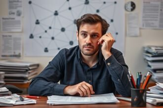 A person sitting at a desk with a puzzled expression, surrounded by newspapers, pens, and a computer, with a faint image of a connections puzzle in the background.
