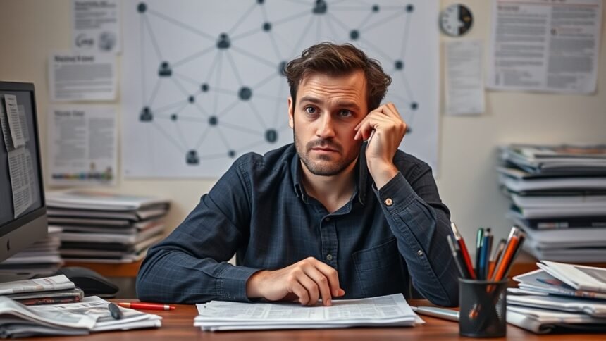 A person sitting at a desk with a puzzled expression, surrounded by newspapers, pens, and a computer, with a faint image of a connections puzzle in the background.
