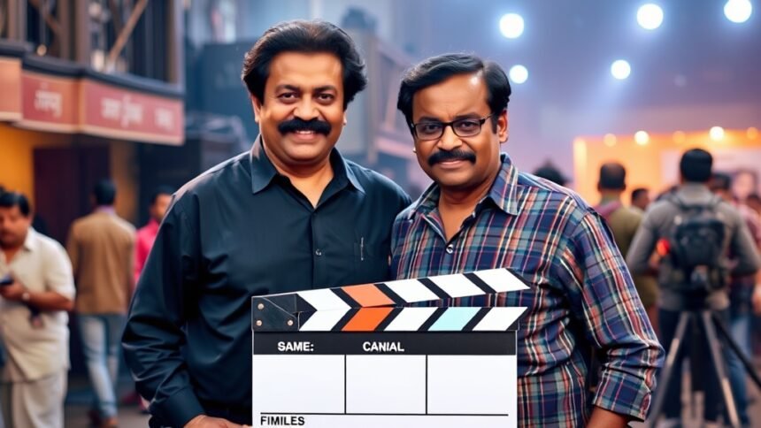 A photo of Rajinikanth and Kamal Haasan standing together, with a film clapboard in the foreground and a bustling film set in the background.