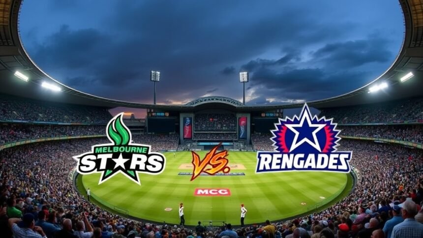 A high-energy image of a cricket stadium with a packed crowd, featuring the Melbourne Stars and Melbourne Renegades teams facing off in the middle, with the Melbourne Cricket Ground (MCG) in the background.