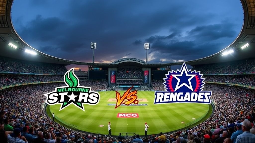 A high-energy image of a cricket stadium with a packed crowd, featuring the Melbourne Stars and Melbourne Renegades teams facing off in the middle, with the Melbourne Cricket Ground (MCG) in the background.