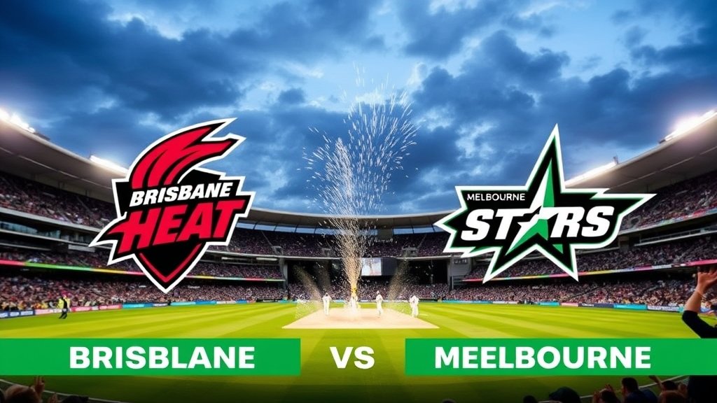 A high-energy image of a cricket stadium with the Brisbane Heat and Melbourne Stars teams facing off, with a smashing six being hit in the background and excited fans cheering.