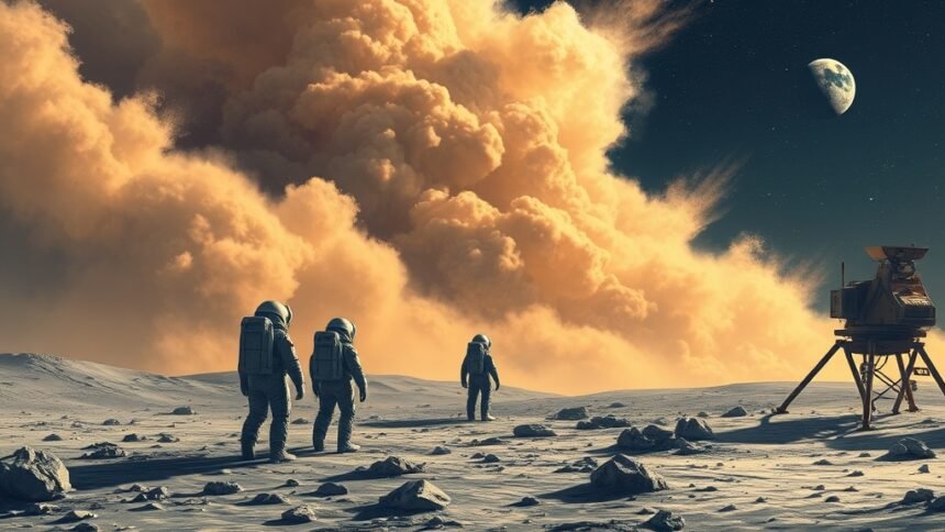 An illustration of astronauts on the lunar surface, with a massive cloud of lunar dust in the background, and a spaceship in the distance, with a subtle hint of the Earth in the sky.
