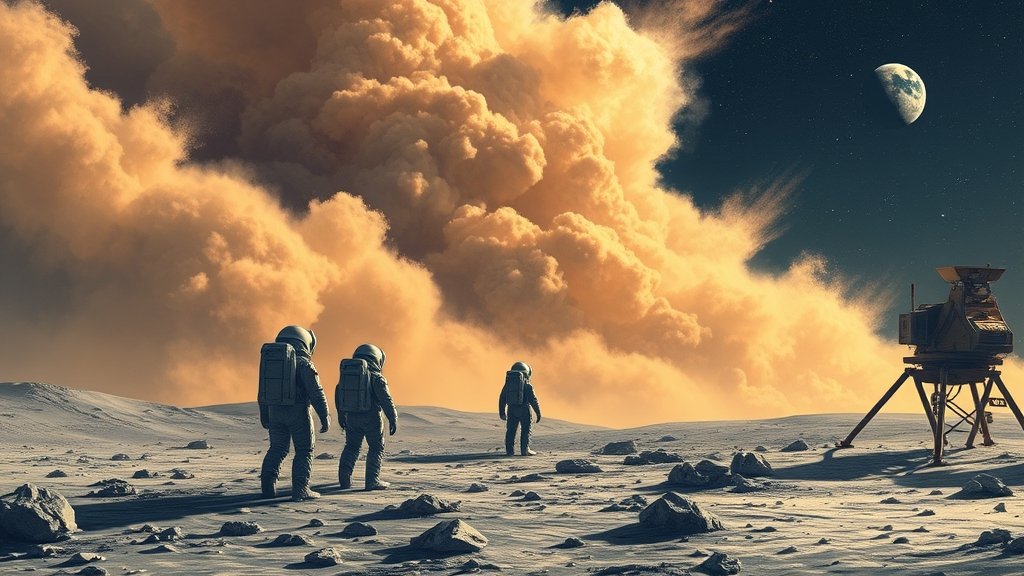 An illustration of astronauts on the lunar surface, with a massive cloud of lunar dust in the background, and a spaceship in the distance, with a subtle hint of the Earth in the sky.