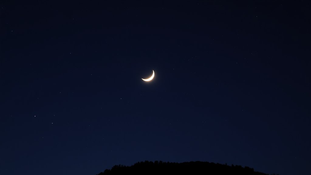 A serene night sky with the crescent moon and its companions, including Jupiter and Saturn, shining brightly amidst a canvas of stars, with a silhouette of trees or a hill in the foreground.