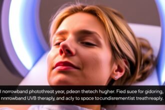 A picture of a person undergoing narrowband-UVB phototherapy, with a caption explaining the treatment process